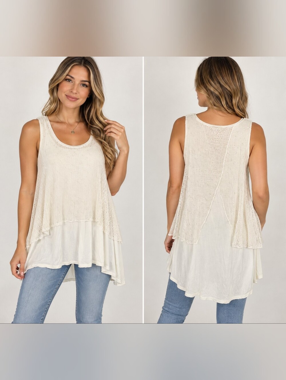 Cupio Ivory Crochet Mesh Layered Hi Low Boho Tunic Tank Top M
